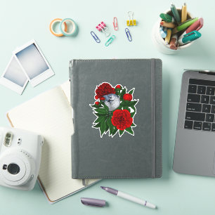 Sticker Oiseau sur un bouquet de pivoine rouge