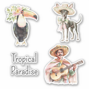 Sticker Oiseau Toucan Chien Chihuahua Homme Mexicain Guita