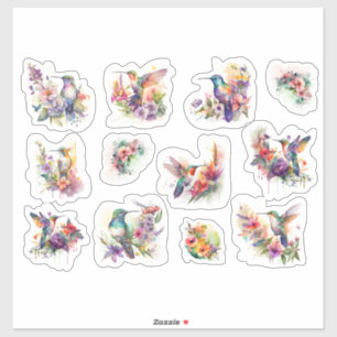 Sticker Oiseaux de Humming aux fleurs colorées