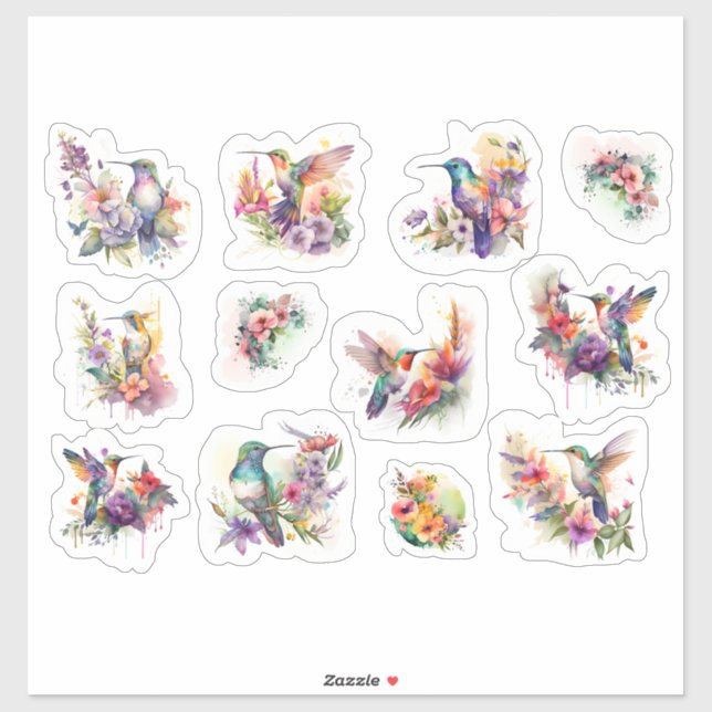 Sticker Oiseaux de Humming aux fleurs colorées (Feuille)