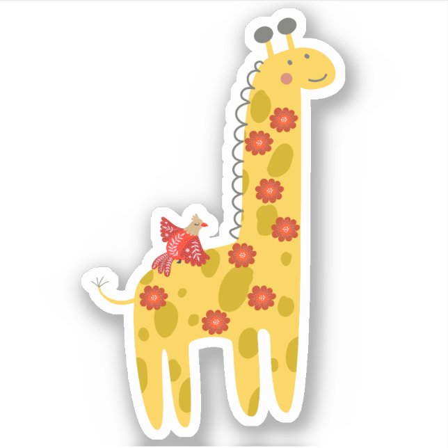 Sticker Ordinateur portable jaune rouge girafe et fleurs d (Devant)