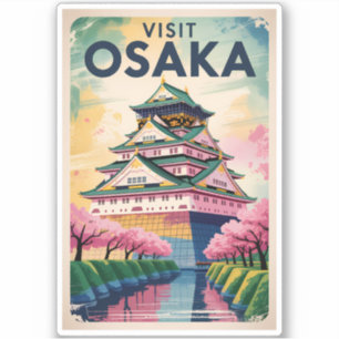 Sticker Osaka Japon Château Illustration Voyage Art Rétro