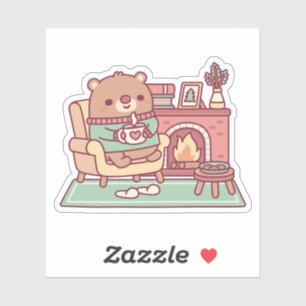 Sticker Ours Brun Mignon Et Cheminée Confortable