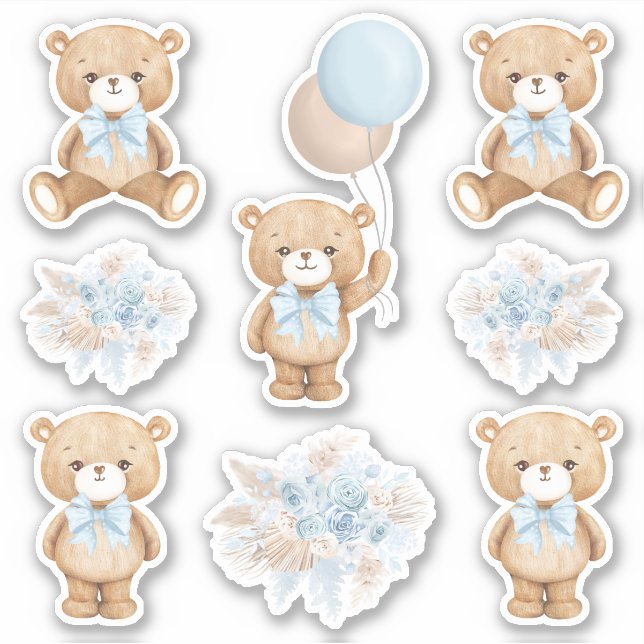 Sticker Ours en peluche mignon Boho avec ballon bleu paste (Devant)