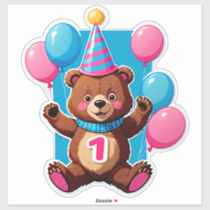 Sticker Ours mignon d'anniversaire avec chapeau de fête et