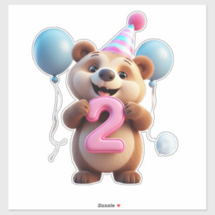 Sticker Ours mignon d'anniversaire avec chapeau de fête et