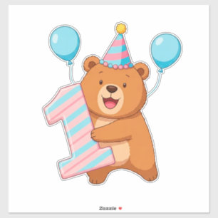 Sticker Ours mignon d'anniversaire avec chapeau de fête et
