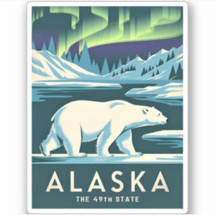 Sticker Ours polaire Vintage voyage Alaska Northern Lights