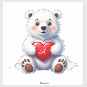 Sticker Ourson polaire blanc adorable tenant un cœur rouge