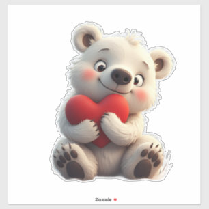 Sticker Ourson polaire blanc adorable tenant un cœur rouge