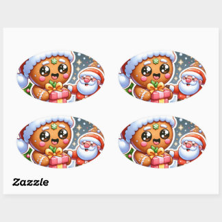 STICKER OVALE ジンジャーブレッドマンとサンタクロース
