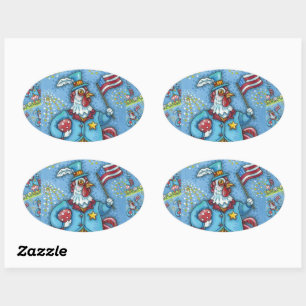 Sticker Ovale 4 juillet ROOSTER, FUNNY PATRIOTIC POULET