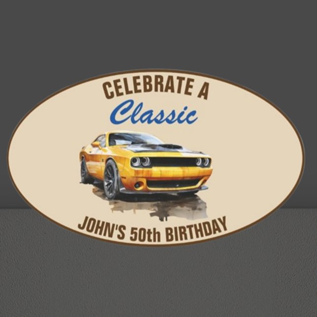 Sticker Ovale 50e Anniversaire Classic Yellow Muscle Car (Celebrate a milestone with our stunning 50th Birthday Classic Yellow Muscle Car Oval Sticker!)