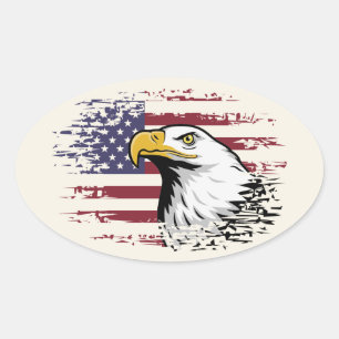 Sticker Ovale Aigle américain sur le fond de drapeau des