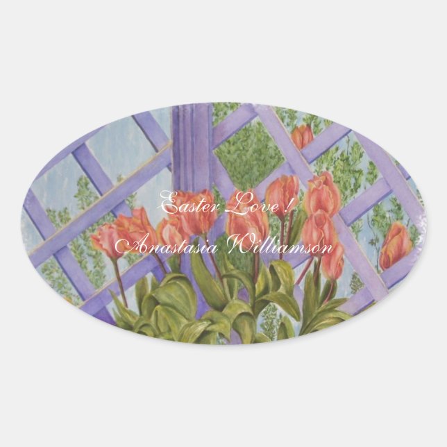 STICKER OVALE AIMER LES TULIPS D'ORANGE DE PÂQUES .. (Devant)