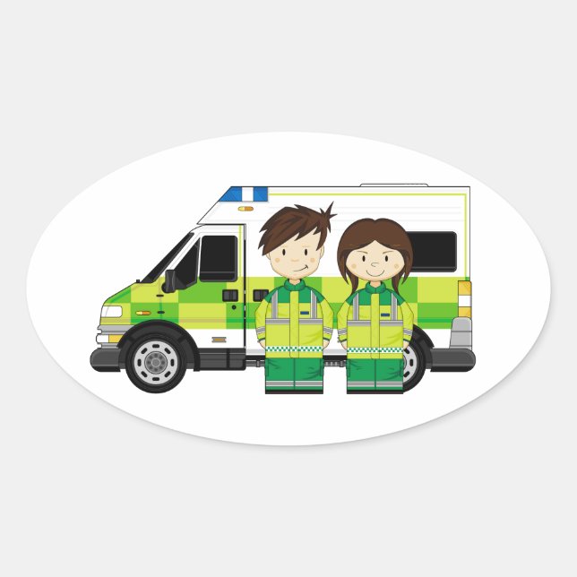 Sticker Ovale Ambulance de dessin animé et EMT (Devant)