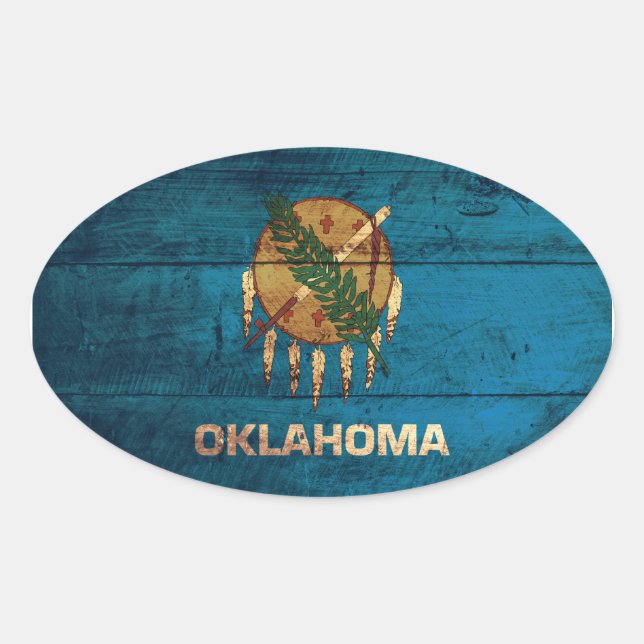 Sticker Ovale Ancien drapeau en bois de l'Oklahoma ; (Devant)
