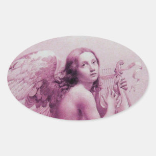 STICKER OVALE ANGE JOUER LYRA SUR LES NUAGES