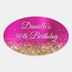 Sticker Ovale Anniversaire 50 ans paillettes or rose chaud