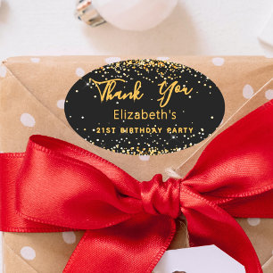 Sticker Ovale Anniversaire fête noir nom or Merci