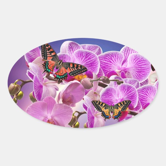 Sticker Ovale Aquarelle de fleur d'orchidée rose violet (Devant)