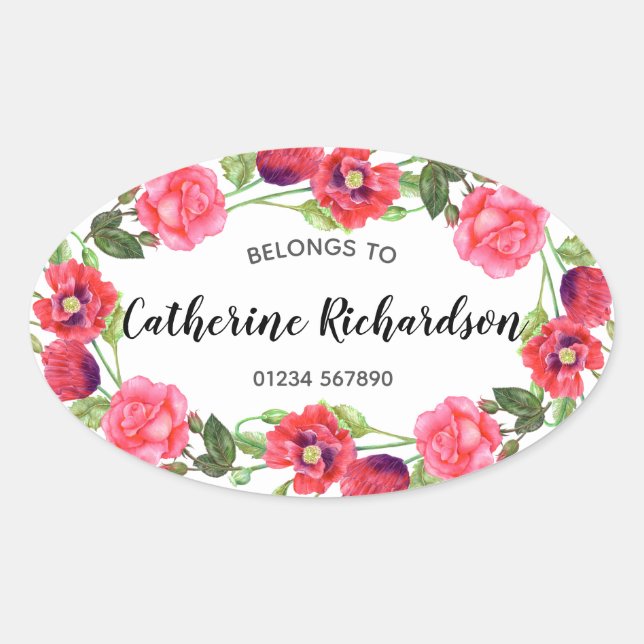 Sticker Ovale Aquarelle Fleurs rouges et roses Wreath Oval Desig (Devant)
