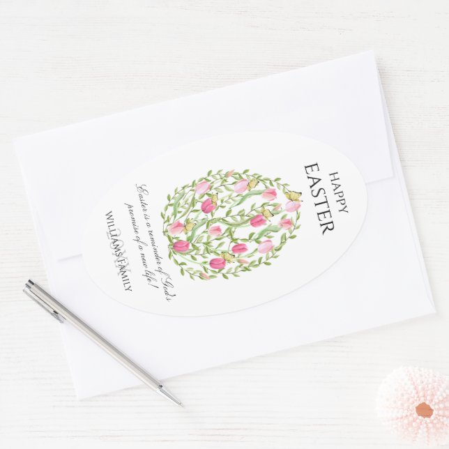 Sticker Ovale Aquarelle Floral Oeuf de Pâques Joyeux Pâques (Enveloppe)