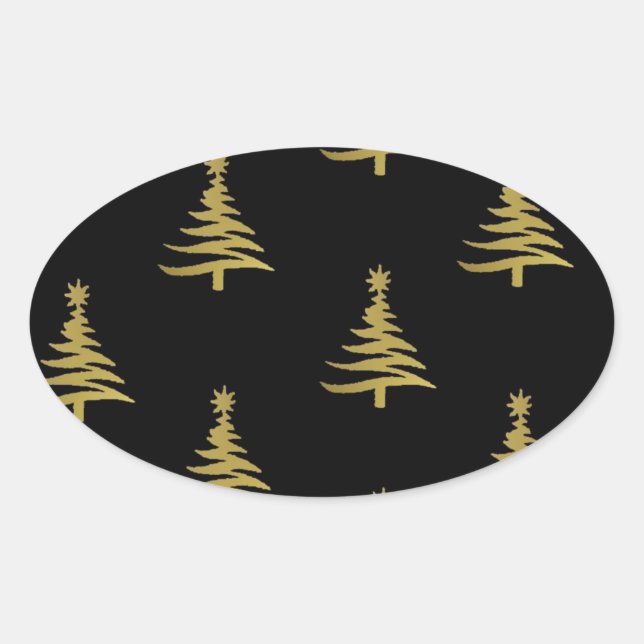 Sticker Ovale Arbres de Noël en or sur noir (Devant)