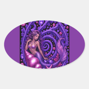 Sticker Ovale Art Fantastique de Sirène Violette Mystique Océa