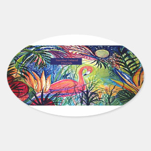 Sticker Ovale Art Flamant rose de l'île de Sanibel