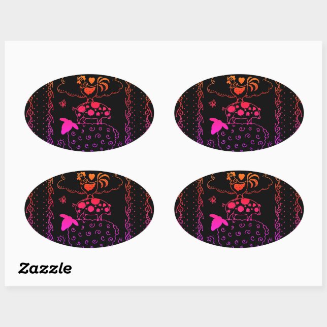 STICKER OVALE ART FOLAIRE ANIMAUX DE FERME MOUSSE, PIG, ROOSTER (Feuille)