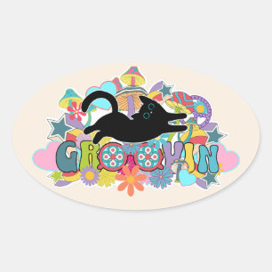 Sticker Ovale Art Hippie Chat Noir Rétro Psychedélique Groovy
