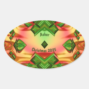 Sticker Ovale ASHER ~ NOËL 2025 Vert Rouge Jaune Fractal ~