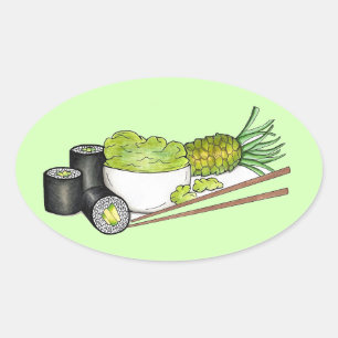 Sticker Ovale Avocado Rolls Wasabi Sushi Dîner Japonais