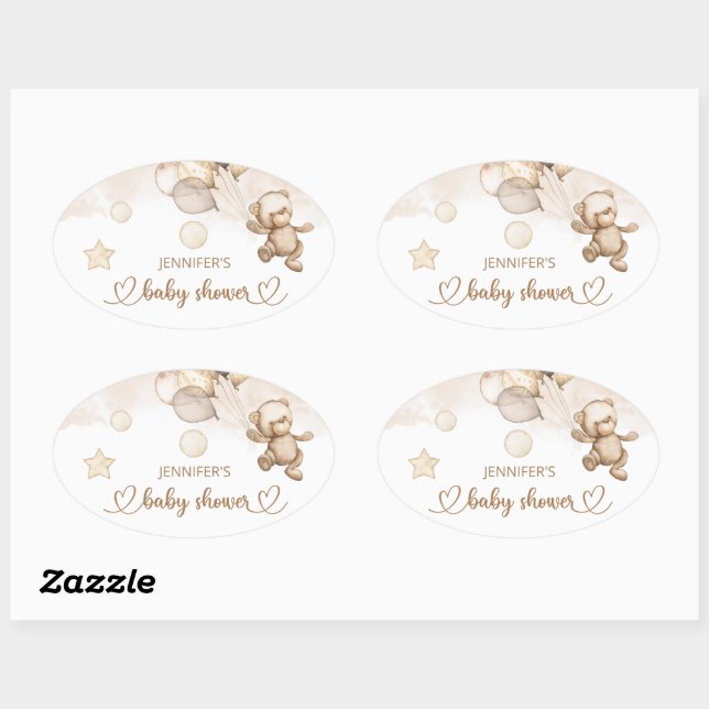 Sticker Ovale Baby shower bébé ours en peluche Ballon (Feuille)