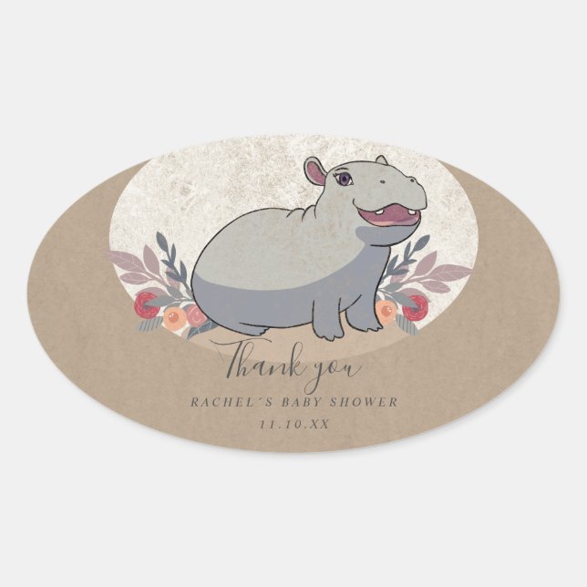 Sticker Ovale Baby shower de bébé hippo rustique merci (Devant)