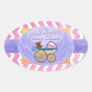 Sticker Ovale Baby shower personnalisé pourpre et rose Chevron