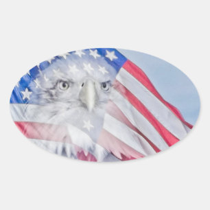 Sticker Ovale Bald Eagle Head & the American Flag