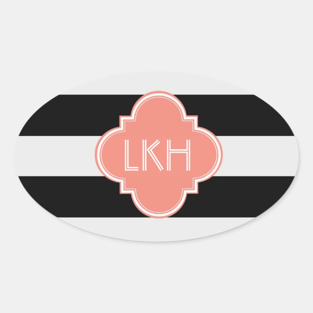 Sticker Ovale Bande Chic et trois monogrammes (Devant)