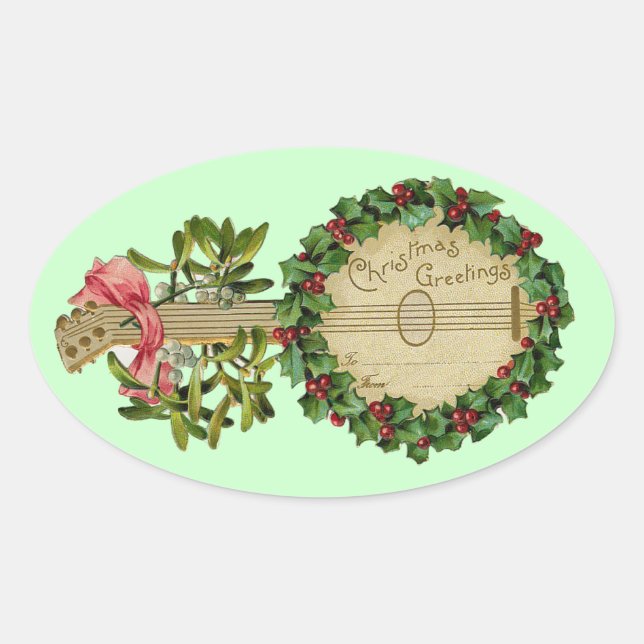 STICKER OVALE BANJO DE NOËL AVEC MISTLETOES ET BERRIES SAINES (Devant)