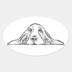 Sticker Ovale basset hound noir blanc simple yeux de chiot  