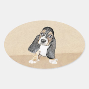 Sticker Ovale Basset Hound Peinture Chiot - Art Chien original
