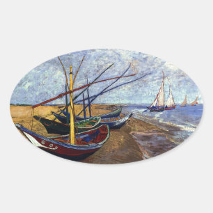 Sticker Ovale Bateaux de pêche sur la plage