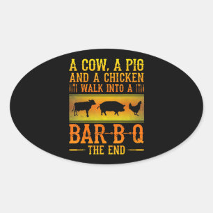 Sticker Ovale BBQ   Une Vache Un Cochon Et Un Poulet Marcher Dan