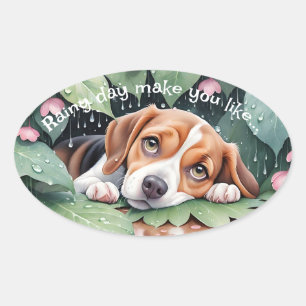 Sticker Ovale Beagle Whimsical Rainy Day Feuilles verts