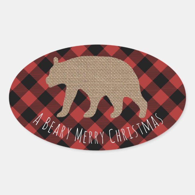 Sticker Ovale Beary Joyeux Noël Plaid Burlap Ours (Devant)