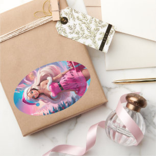 Sticker Ovale Belle fille de Noël rose 01