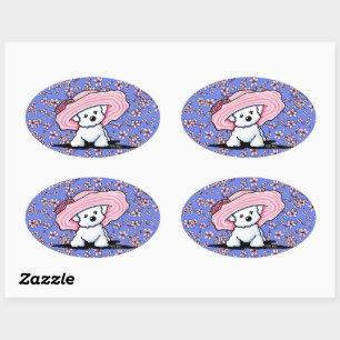Sticker Ovale Bichon aux fleurs de cerisiers