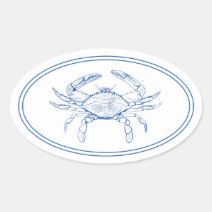 Sticker Ovale Bleu et crabe blanc de la Preppy côtière