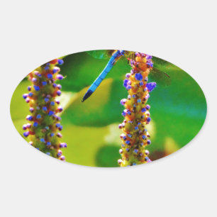 Sticker Ovale Bleu libellule et fleurs